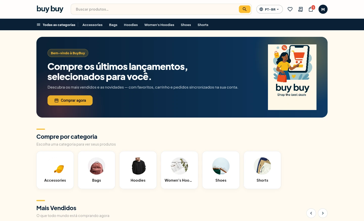 Vitrine da loja: banner, categorias e as trilhas de novidades e mais vendidos