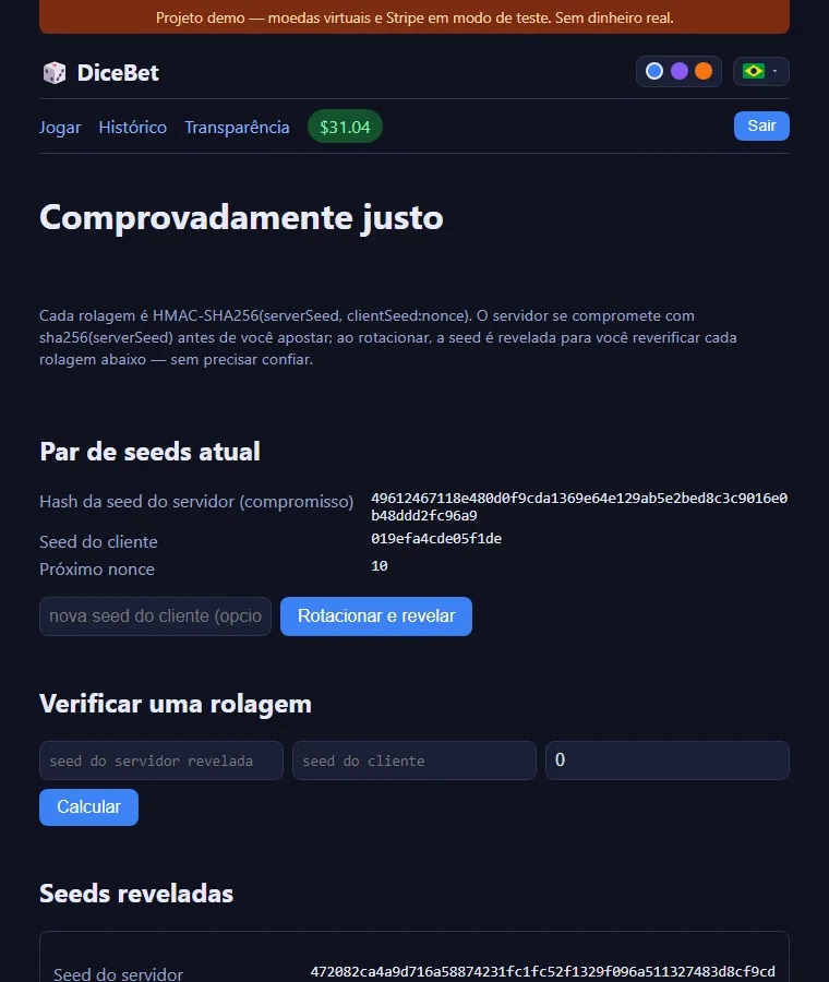 Página de transparência: compromisso de seed, verificação e seeds reveladas
