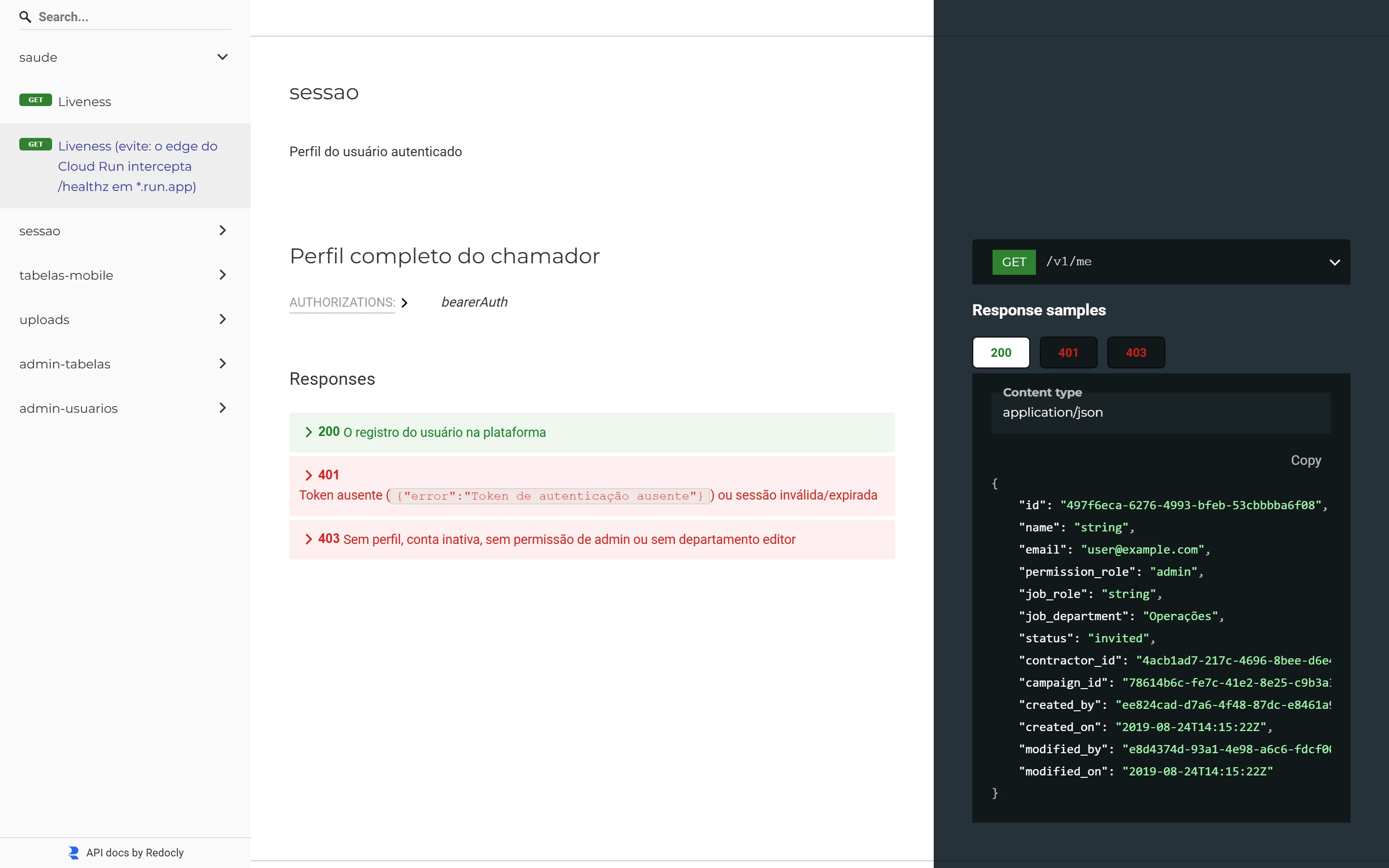 Cada rota com respostas, erros e exemplo de payload