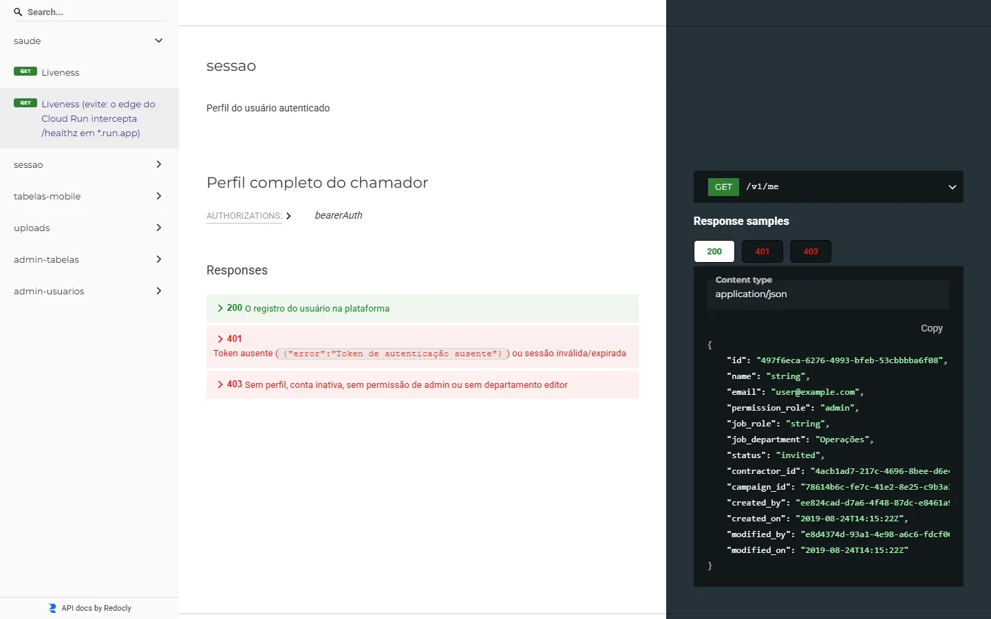 Cada rota com respostas, erros e exemplo de payload