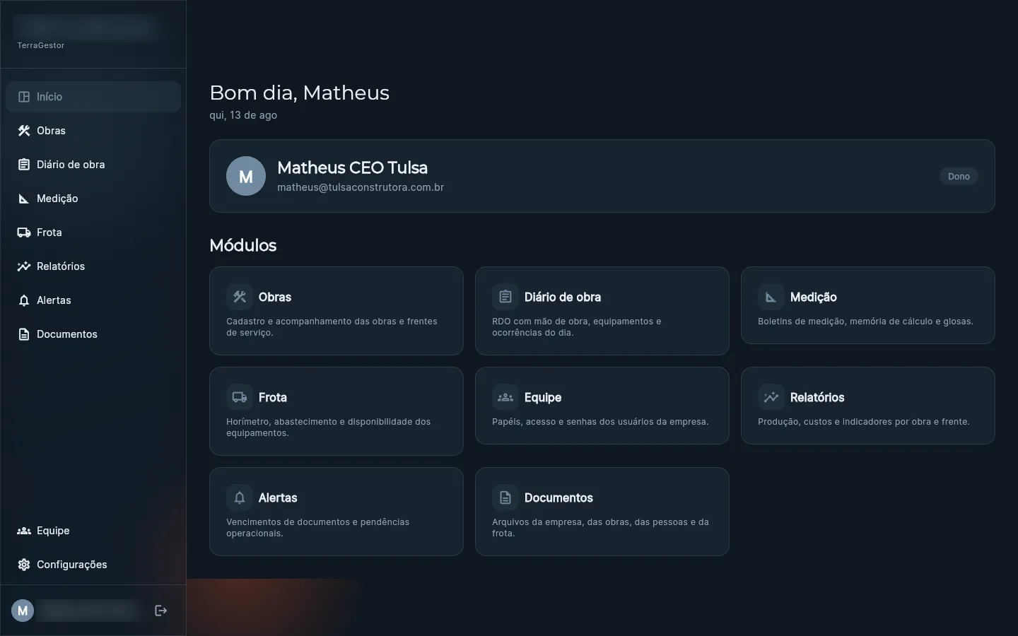 Painel inicial com os módulos