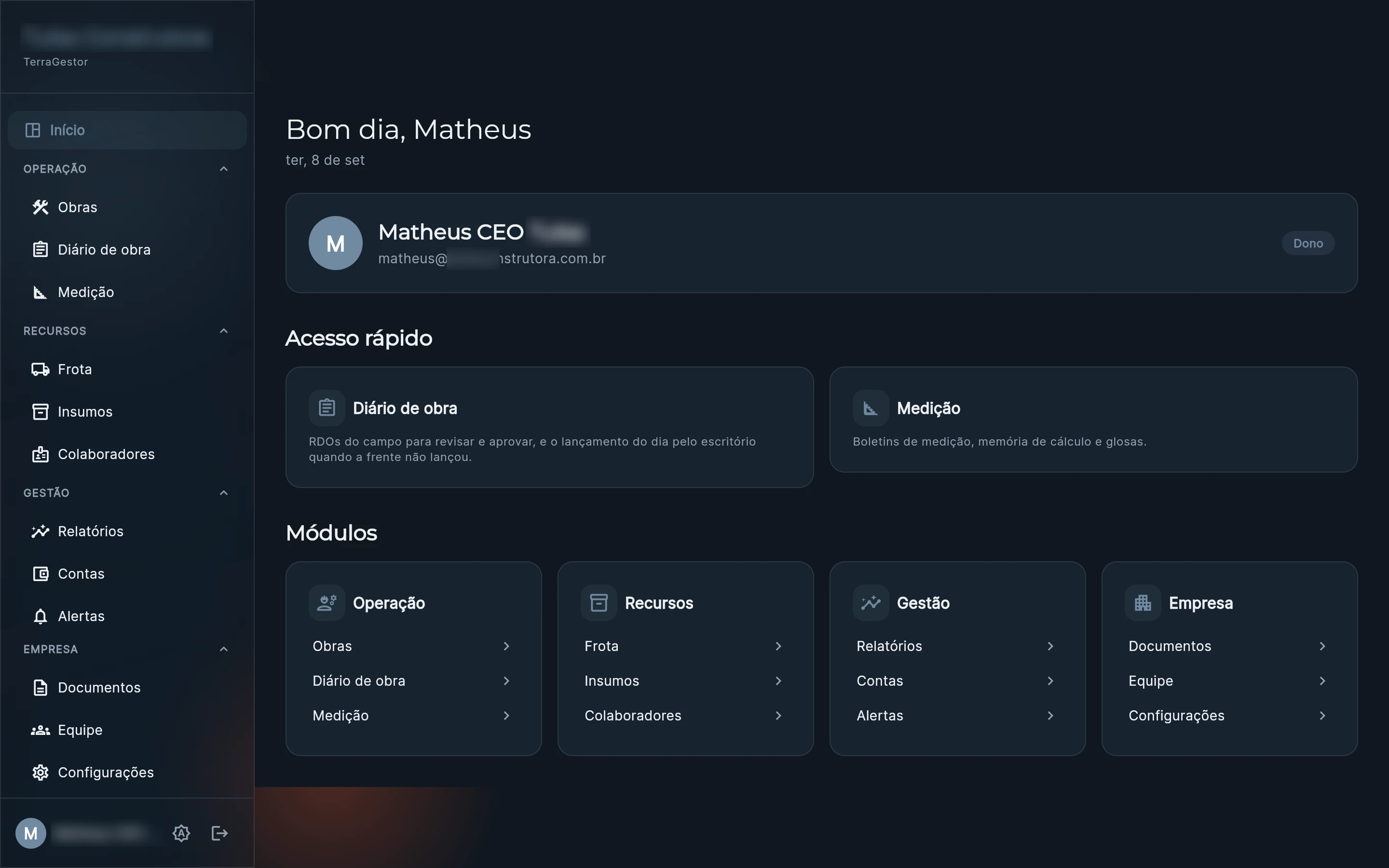 Painel inicial com os módulos