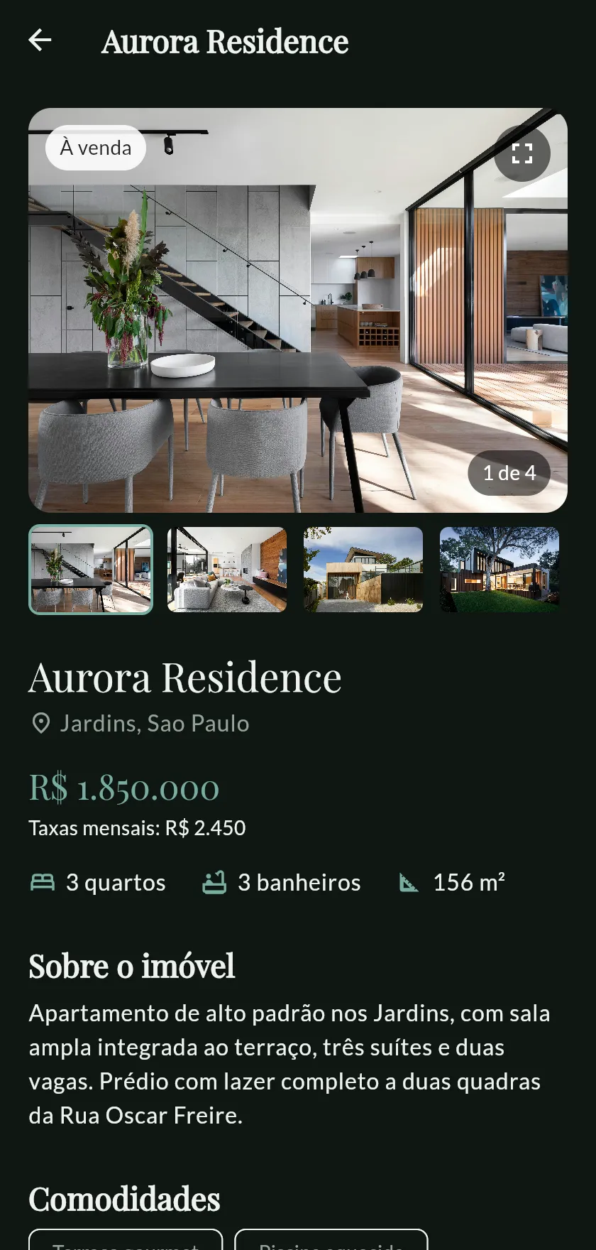 Detalhe do imóvel com galeria e agendamento de visita