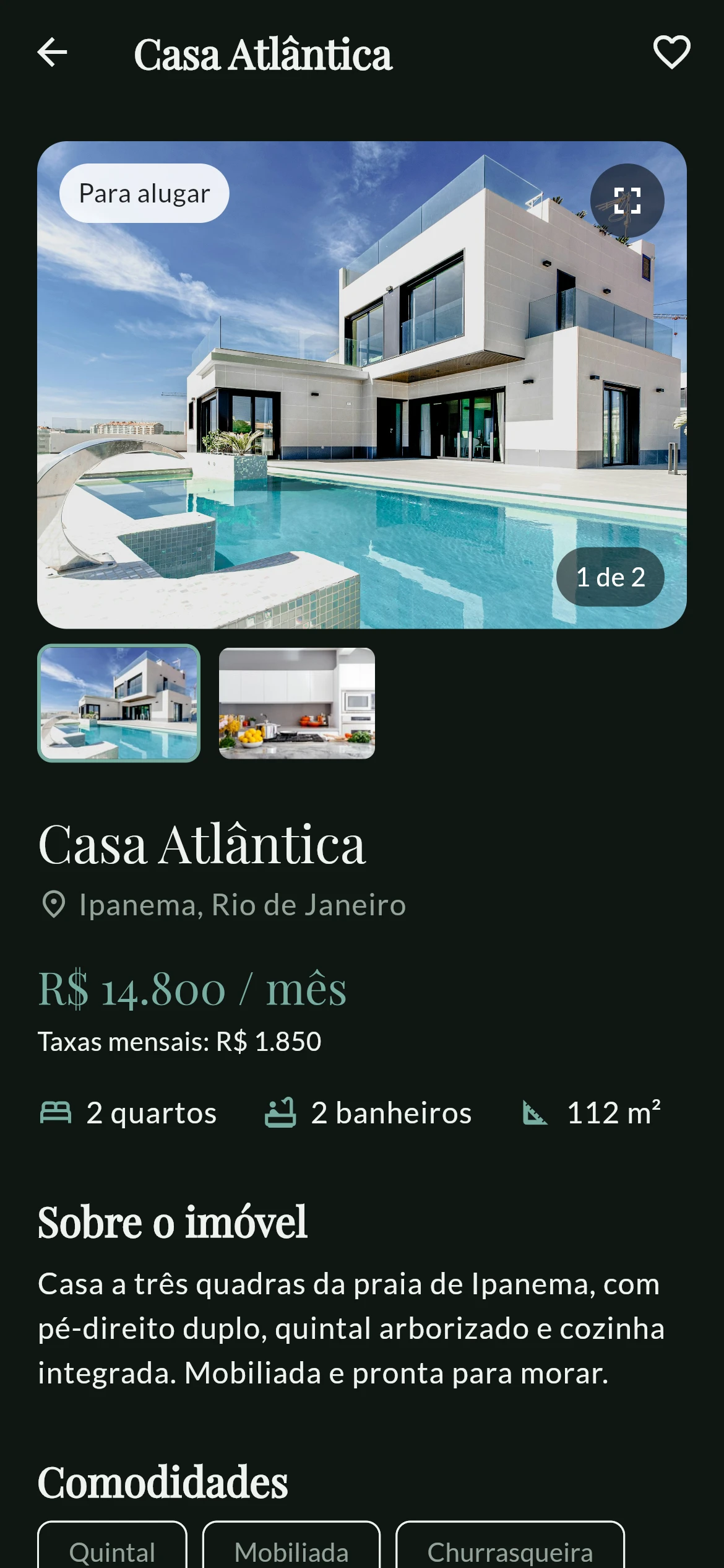 Detalhe do imóvel no celular, com galeria, comodidades e agendamento de visita