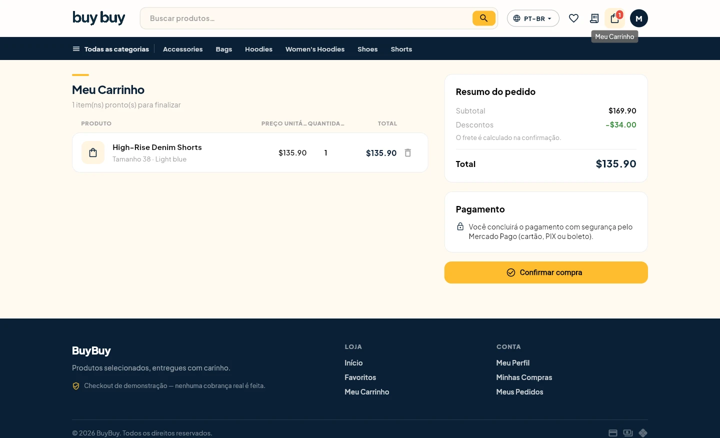 Carrinho com frete, desconto e forma de pagamento