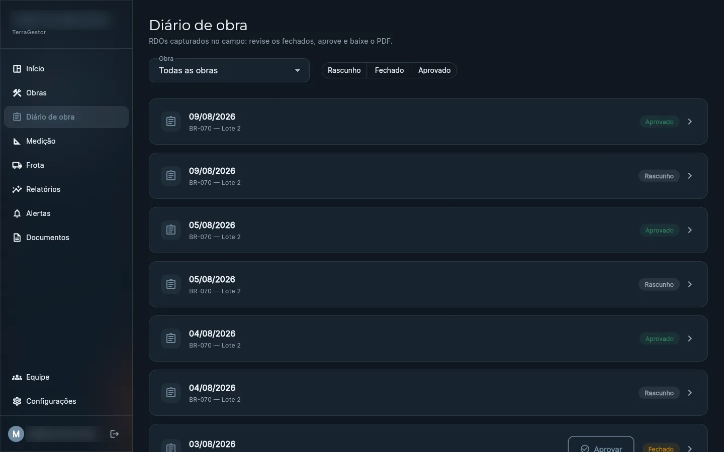Diário de obra (RDO) com fluxo de aprovação