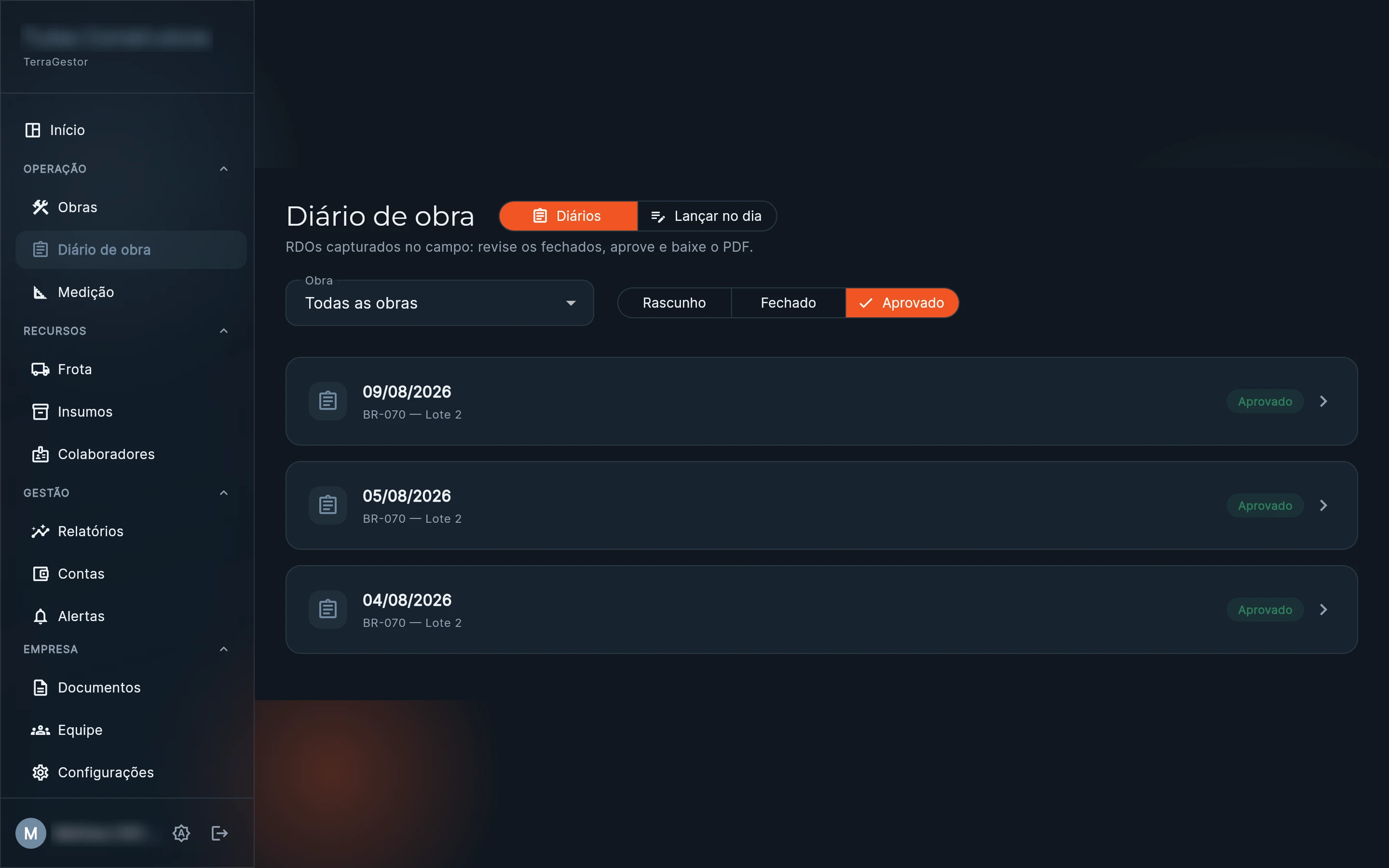 Diário de obra (RDO) com fluxo de aprovação — RDOs aprovados