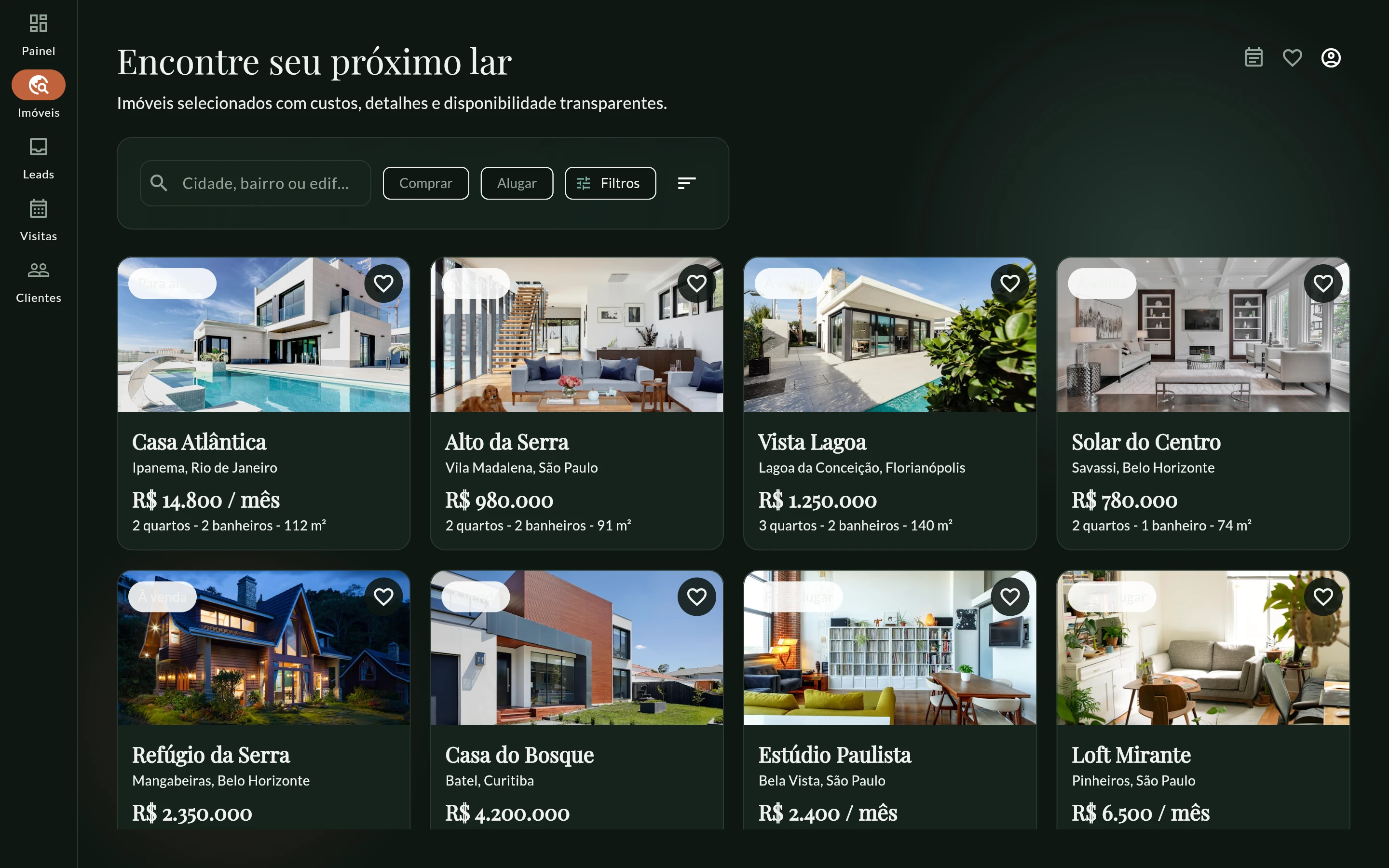 Marketplace de imóveis na web — anúncios de venda e aluguel, com busca e filtros