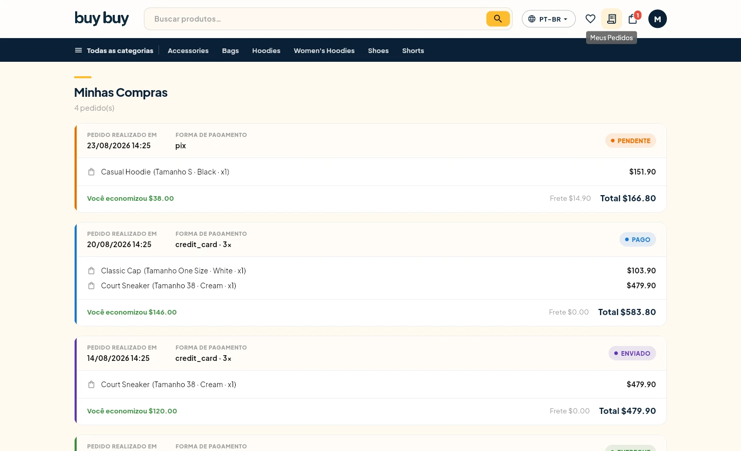 Meus pedidos: histórico de compras do cliente