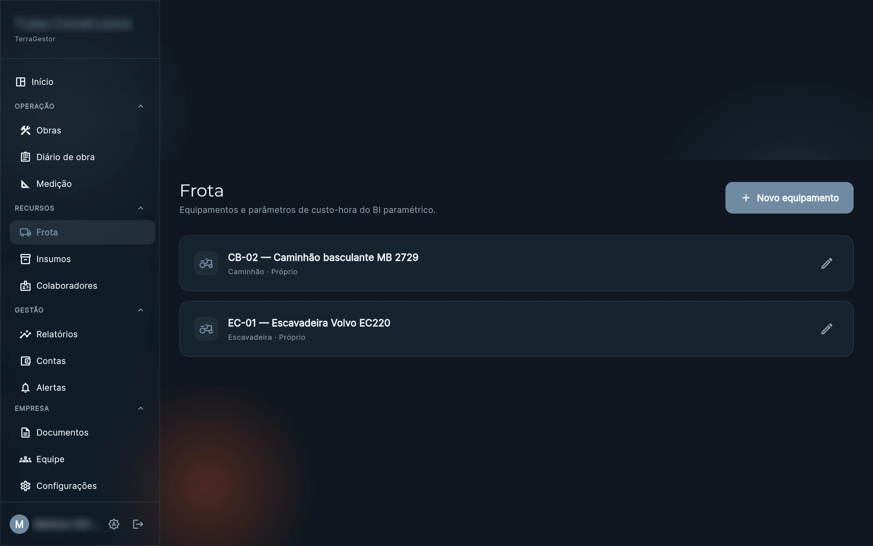 Frota com horímetro e custo-hora