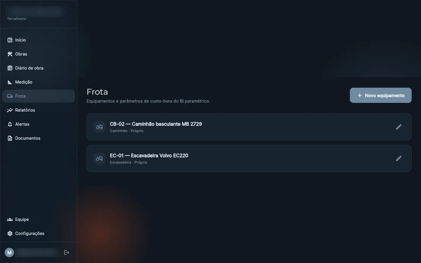 Frota com horímetro e custo-hora