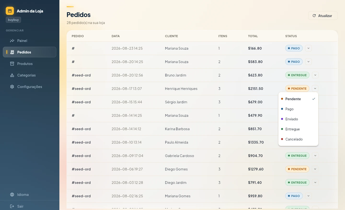 Console do lojista: tabela de pedidos e a troca de status do pedido