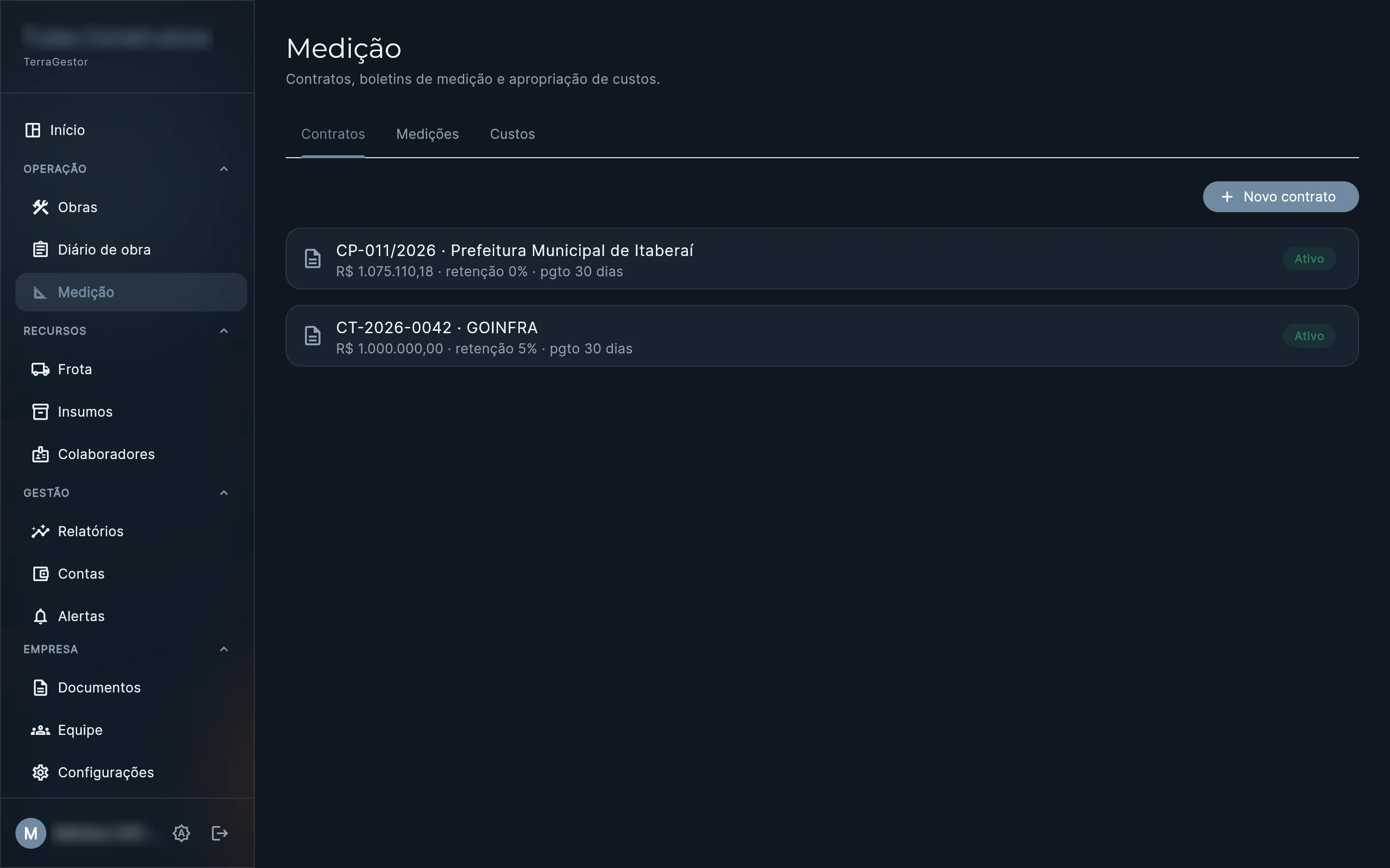 Contratos e boletins de medição, incluindo contrato de obra pública
