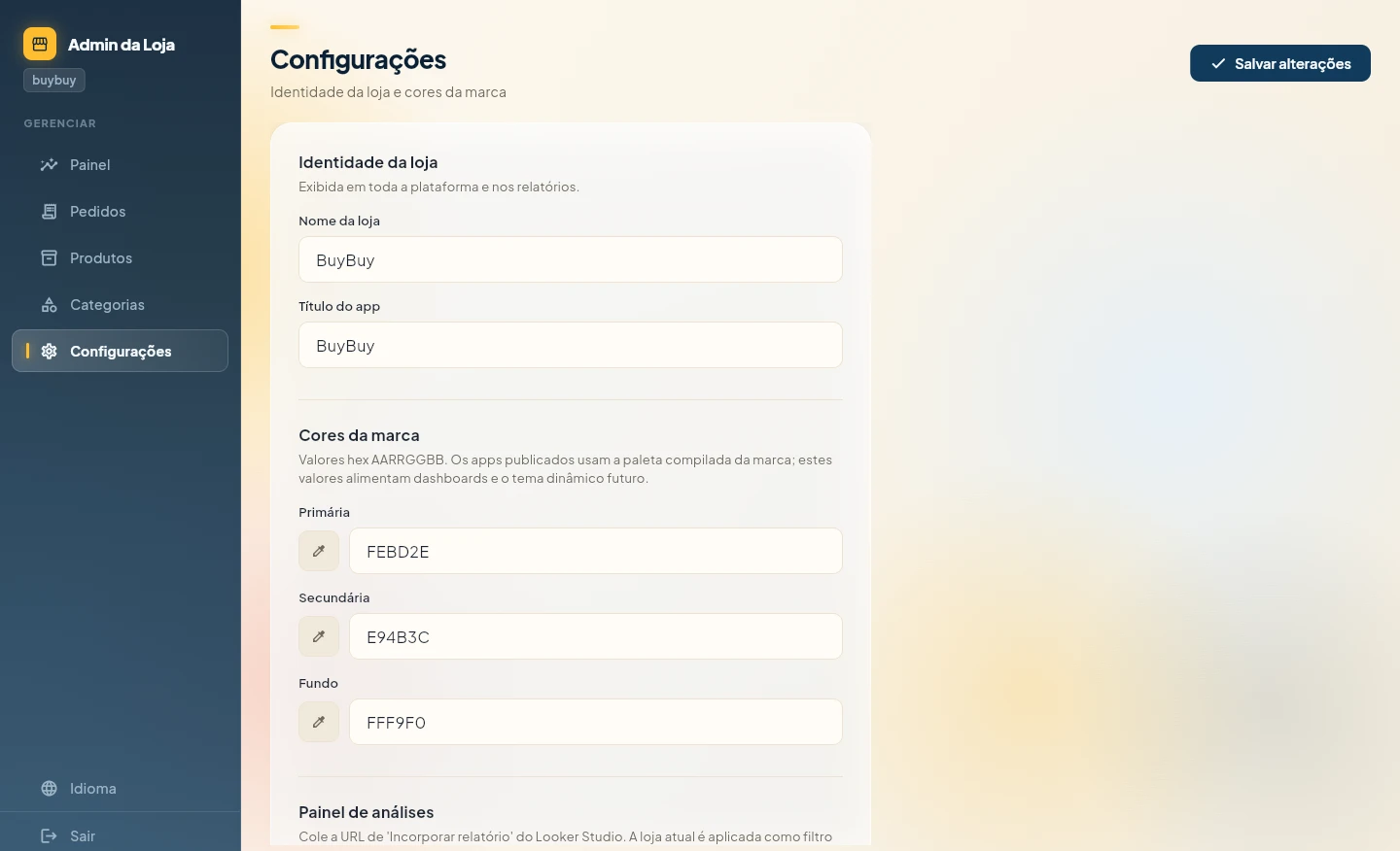 Configuração da marca: cores, identidade e endereço do painel de BI