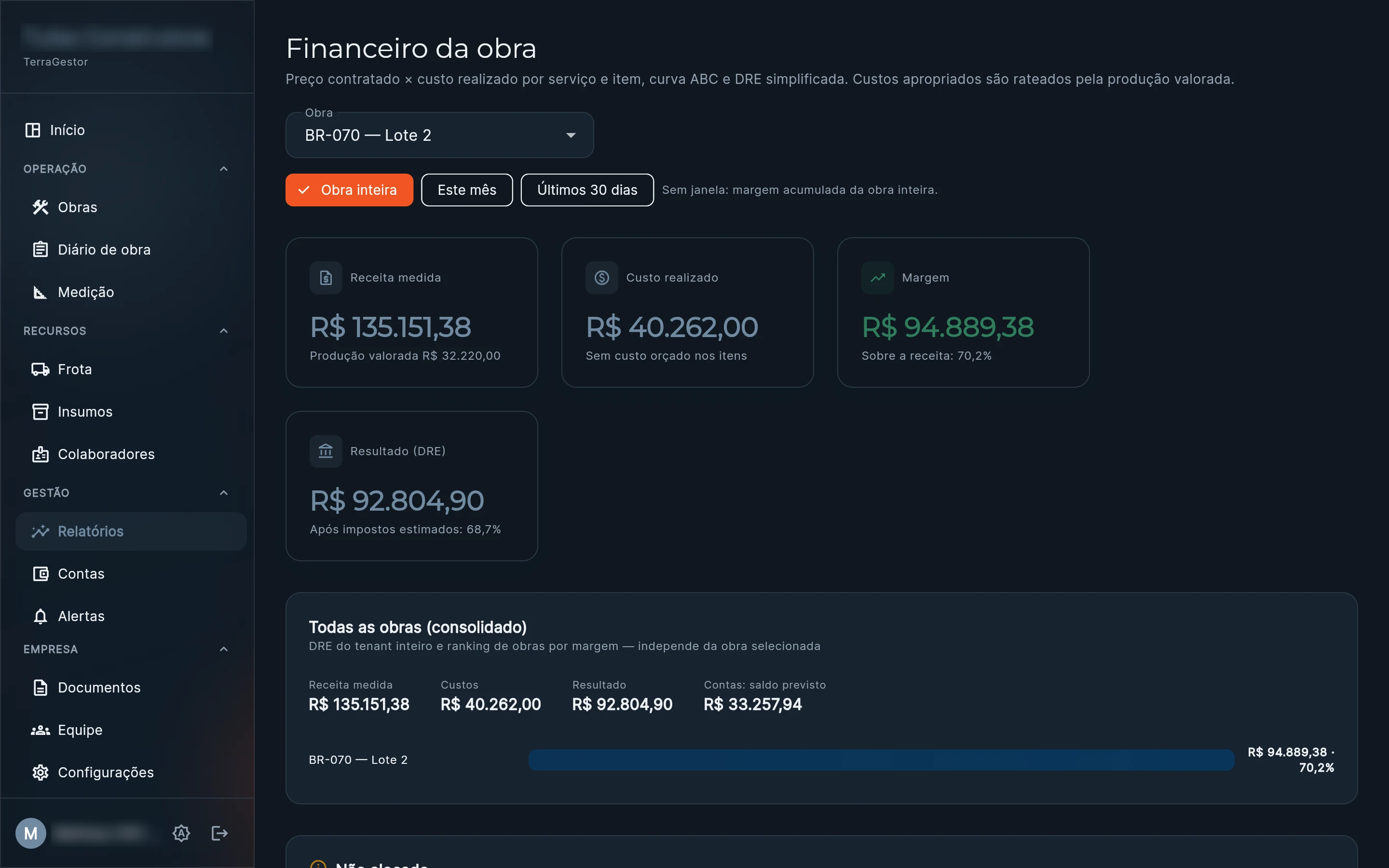 Financeiro da obra: receita medida, custo realizado, margem e DRE