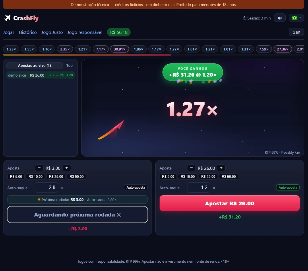 CrashFly em voo, com as apostas ao vivo e o histórico de rodadas — a vitória: saque automático a 1.20× pagando R$ 31,20