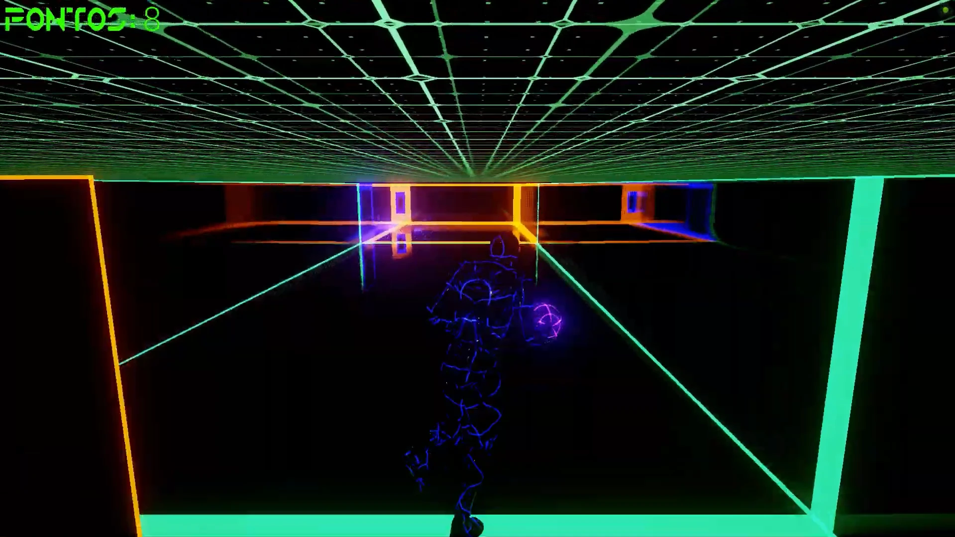O corredor verde: o personagem desvia entre as molduras neon