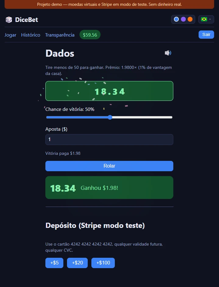 DiceBet: a aposta, com chance e prêmio calculados na hora — e a rolagem 18.34 pagando a vitória