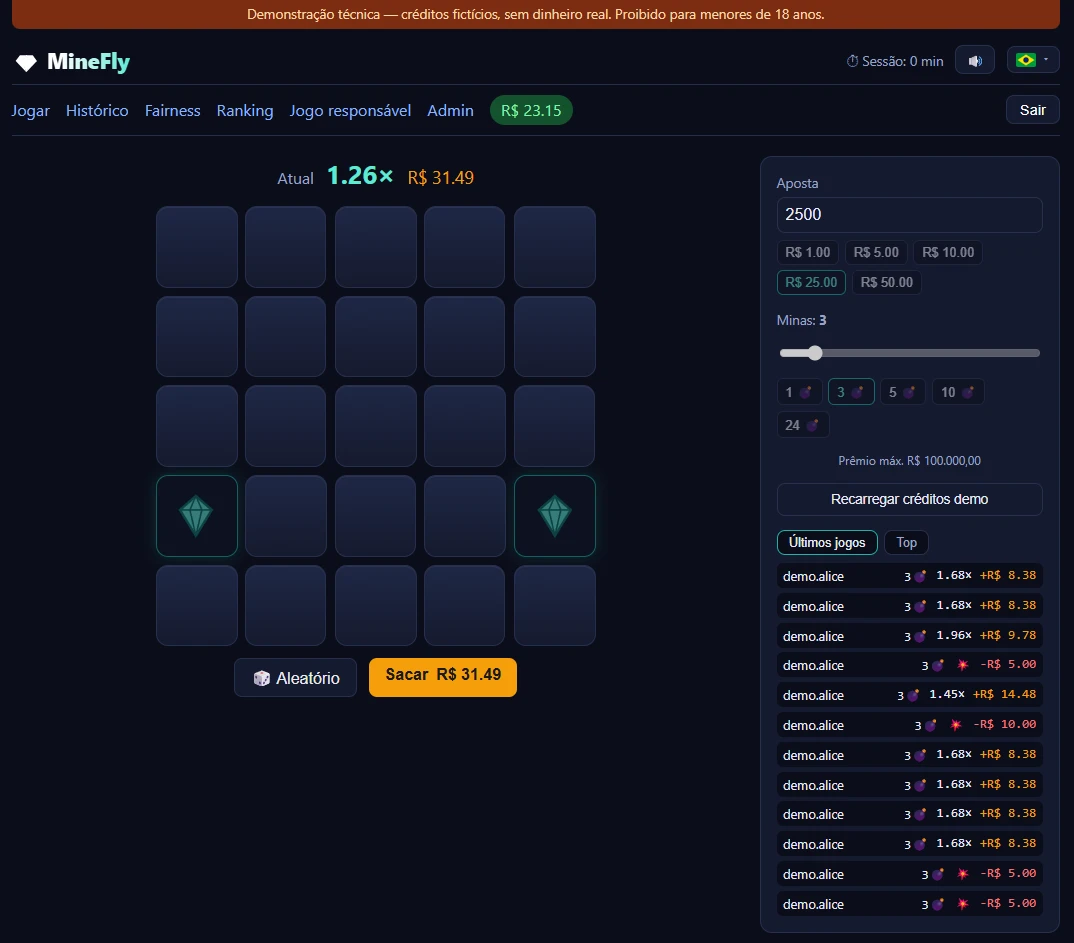 MineFly no meio da partida: duas casas reveladas e o saque disponível a 1.26×
