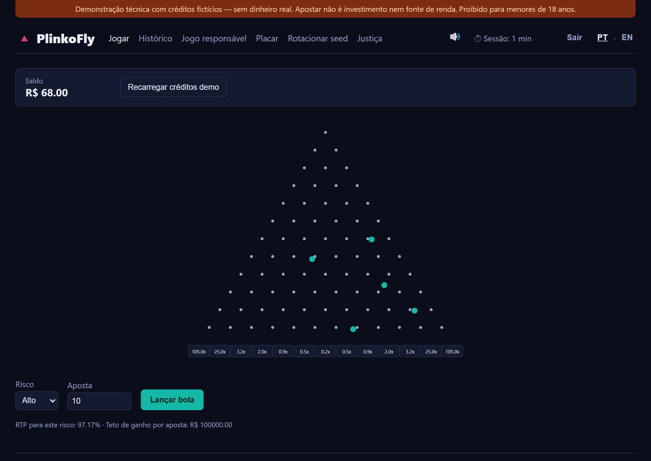 Cinco bolas caindo ao mesmo tempo no risco alto, com os baldes de 105× nas bordas e o RTP de 97,17% declarado abaixo do tabuleiro